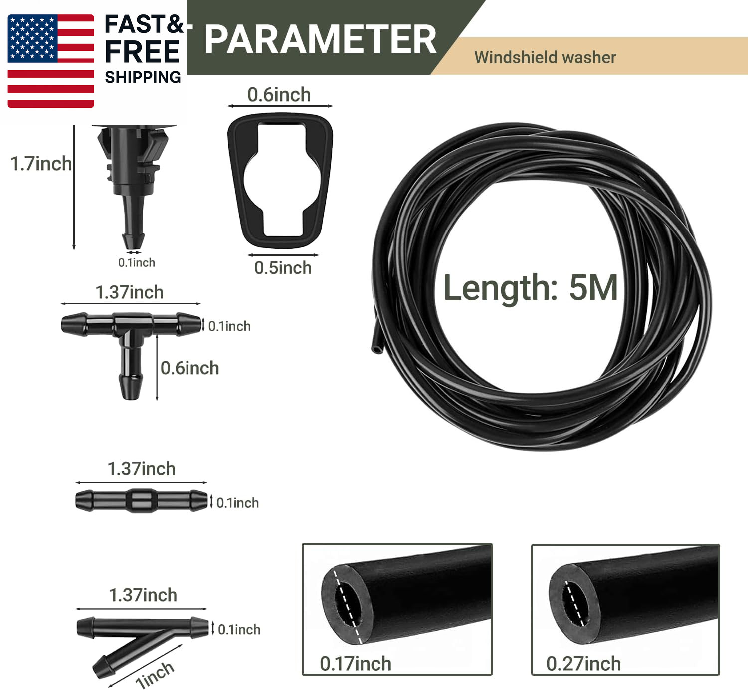 Windshield Washer Hose Kit, 5M Washer Fluid Hose with 12 Pcs Connectors, 2 Fan N