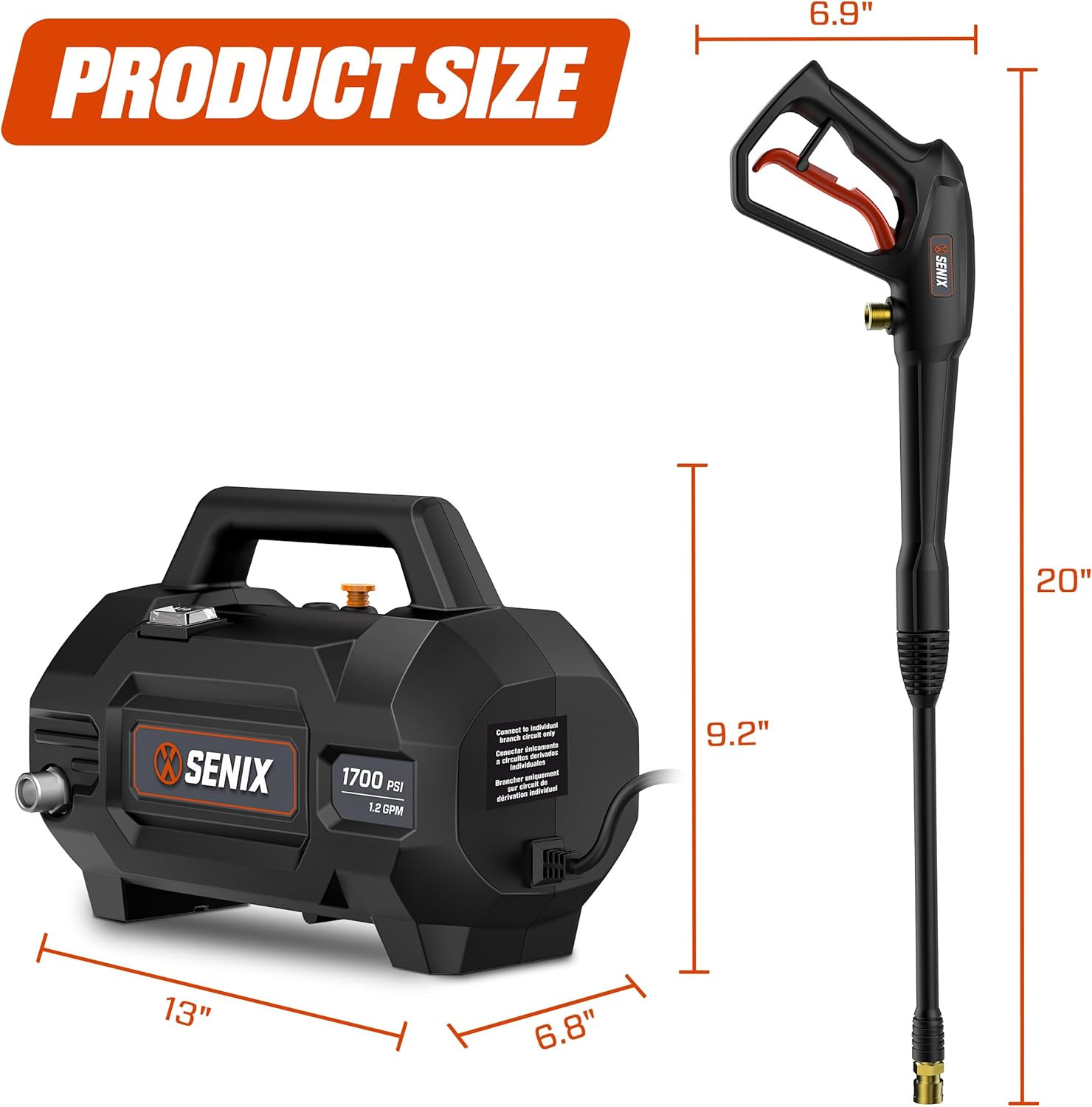 SENIX 13 Amp Electric Pressure Washer – 1700 PSI, 1.2 GPM, Compact with Foam Can