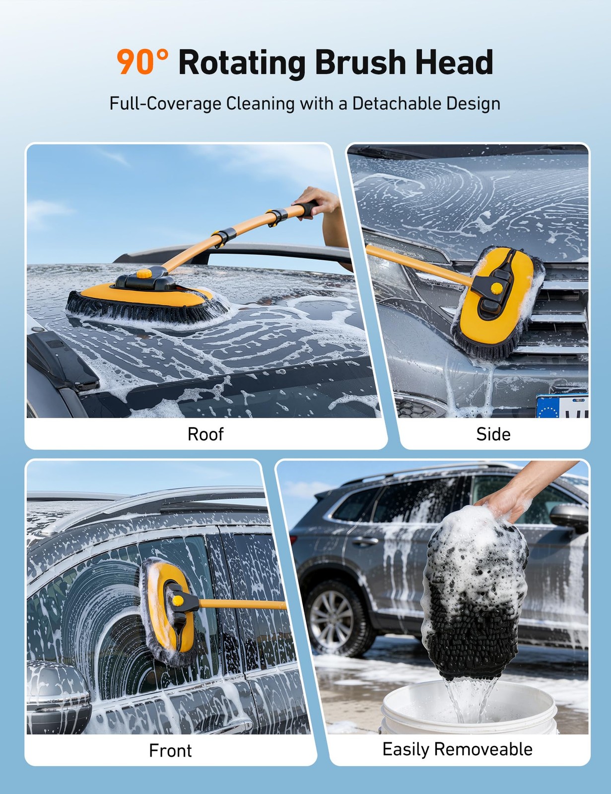 AstroAI 15°Curved Car Wash Brush with 43″ Long Handle and 43 inches, Yellow