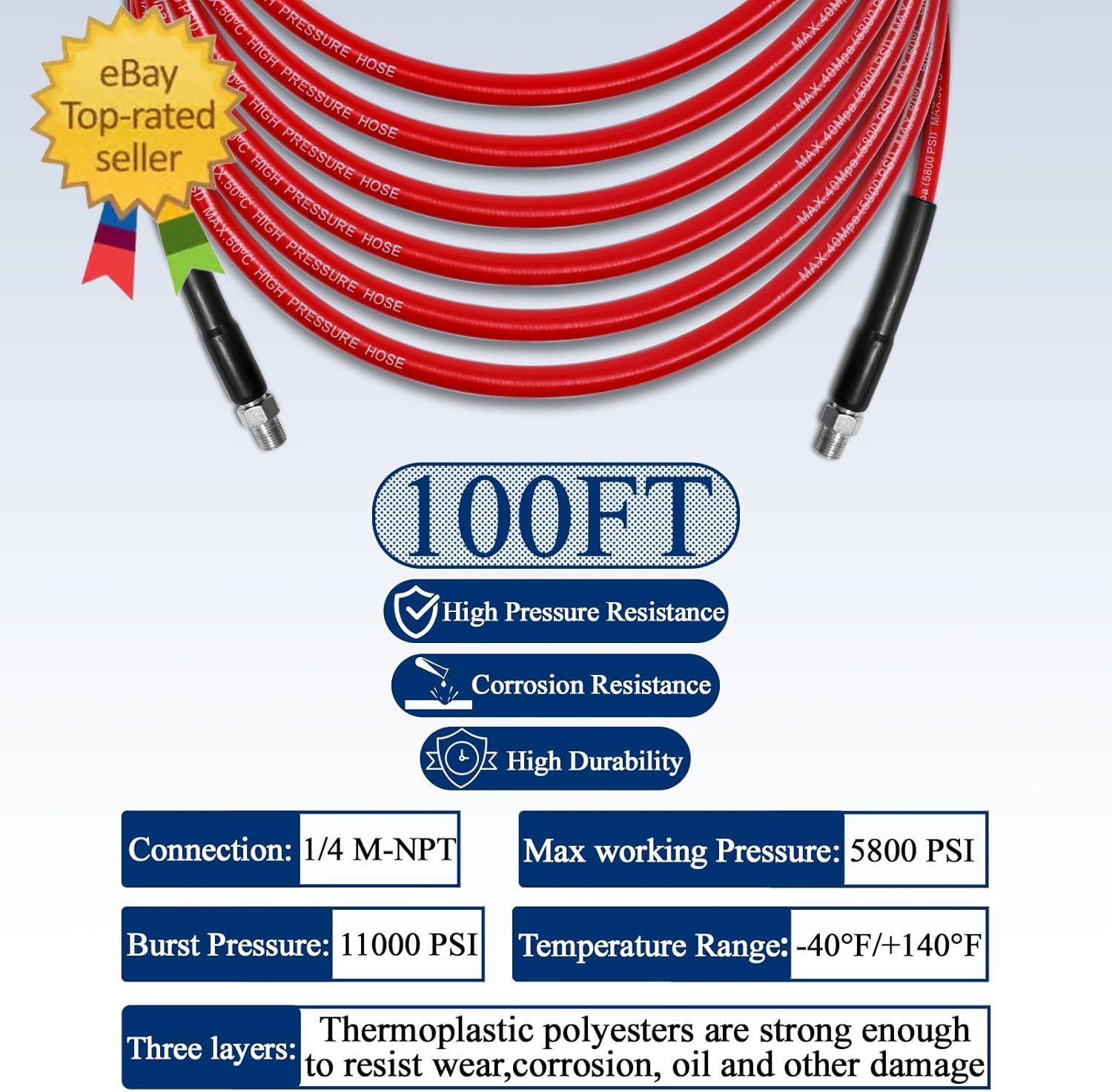 100FT Sewer Jetter Kit for Pressure Washer, 1/4”NPT Drain Cleaner Hose 5800PSI,