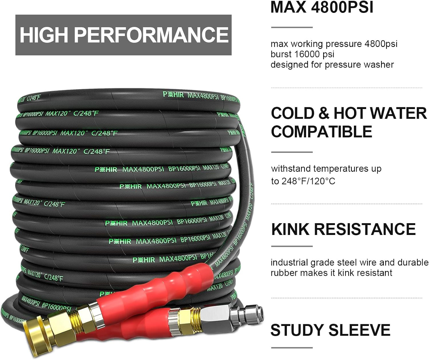 70FT Pressure Washer Hose 4800PSI Kink Resistant with Quick Connect Adapters