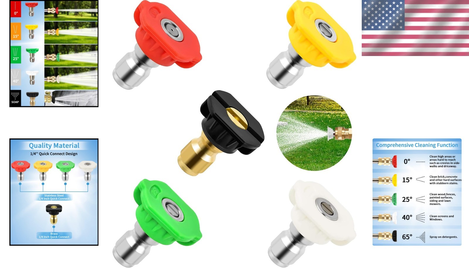 5 Pack Pressure Washer Spray Nozzles – Fast Connect, 0-65 Degree Angles