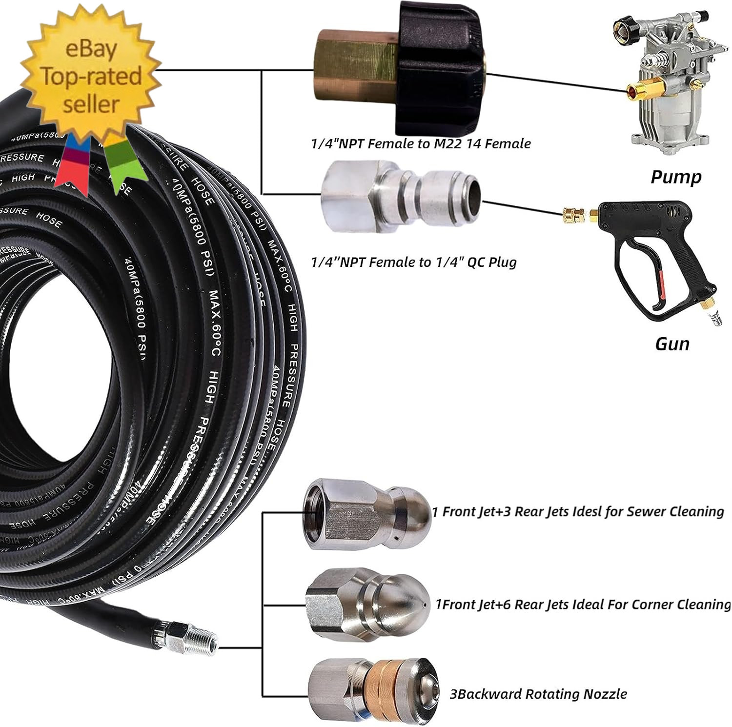Sewer Jetter Kit for Pressure Washer 5800 PSI Drain Cleaner Hose 1/4 Female Npt,