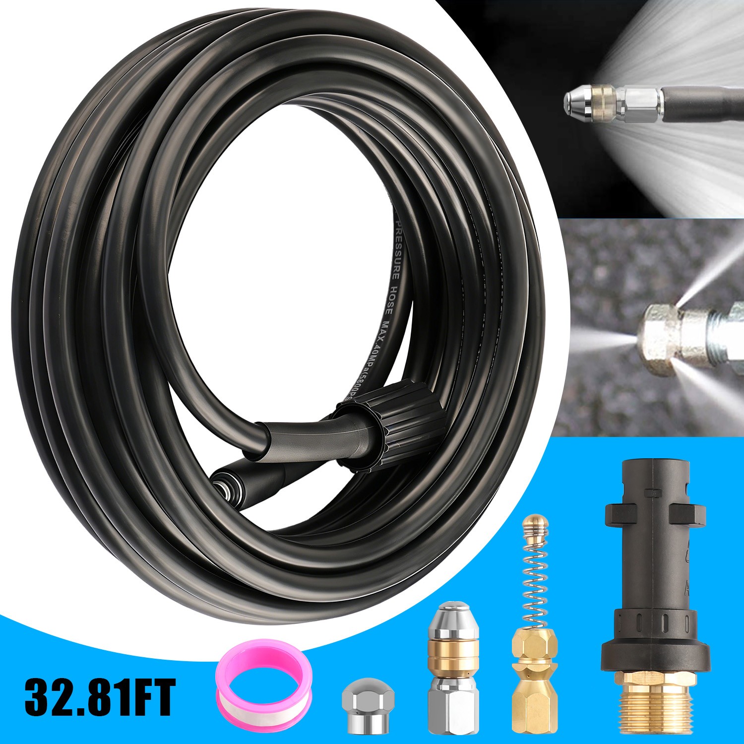 32FT 1/4″ M-NPT 5800PSI Drain Cleaner Hose Sewer Jetter Kit for Pressure Washer