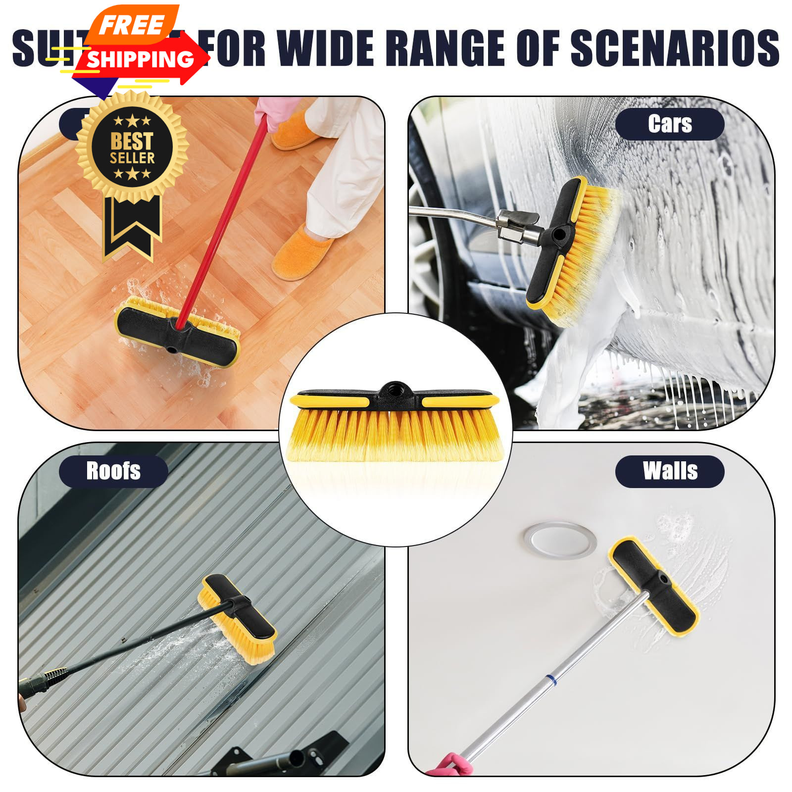 10 Inch Car Wash Brush Head, Scrub Attachment 10 inches, Black+yellow