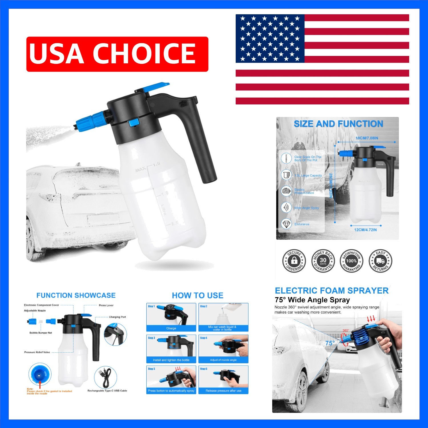 1.5L Electric Car Foam Sprayer, Foam Sprayer for Car Wash with USB Rechargeab…