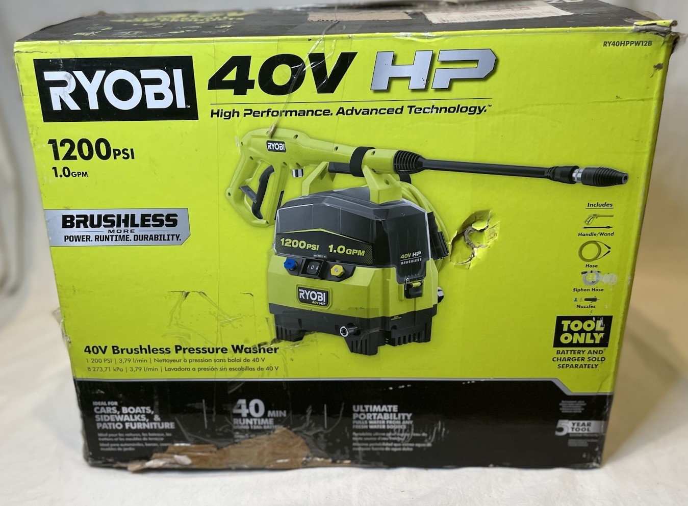 RYOBI – 40V Brushless Pressure Washer 1200 PSI 1.0 GPM- Unit Only.